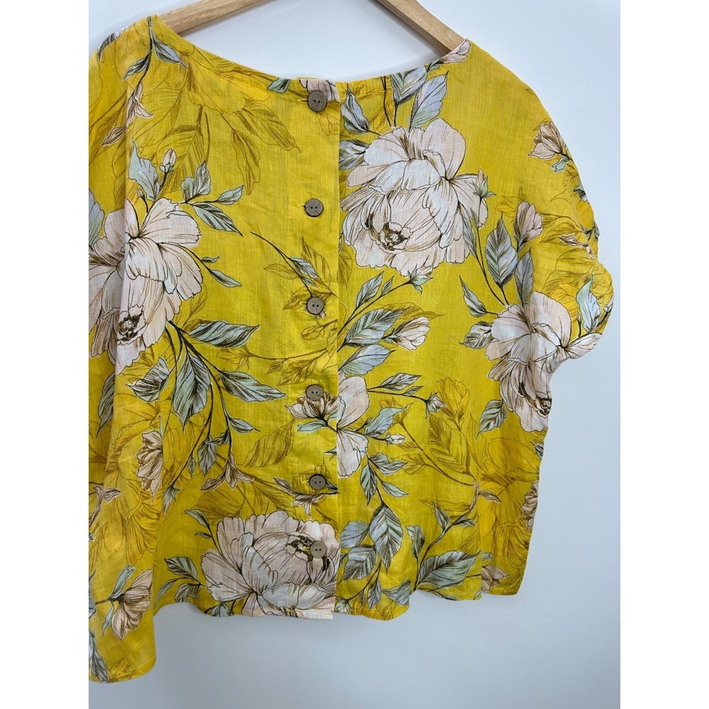 Nicole Miller 100% Linen Yellow Floral Button Back Boxy Top Large Lagonlook - Picture 11 of 12